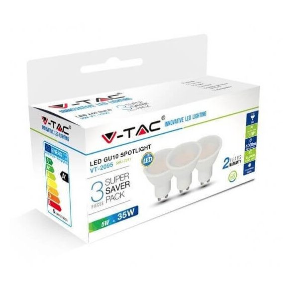 V-TAC GU10 5W 400lm 3000K 110 ° LED-izzó opál 3 db-os csomagban