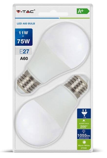 V-TAC E27 11W 1055lm 2700K LED-izzó 2db/csomag