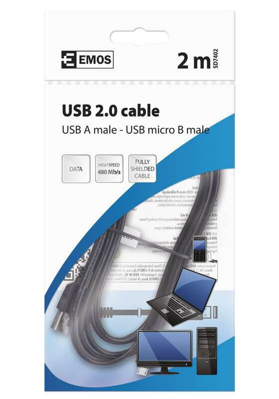 USB-microUSB kábel USB2.0 2m USBA-USBmicroB 480Mbs fekete