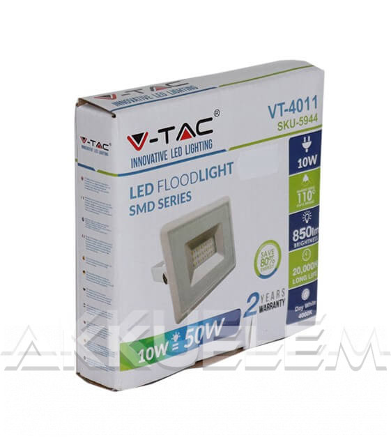V-TAC 10W 850lm 4000K LED-reflektor fehér színű burkolat, természetes fehér fény