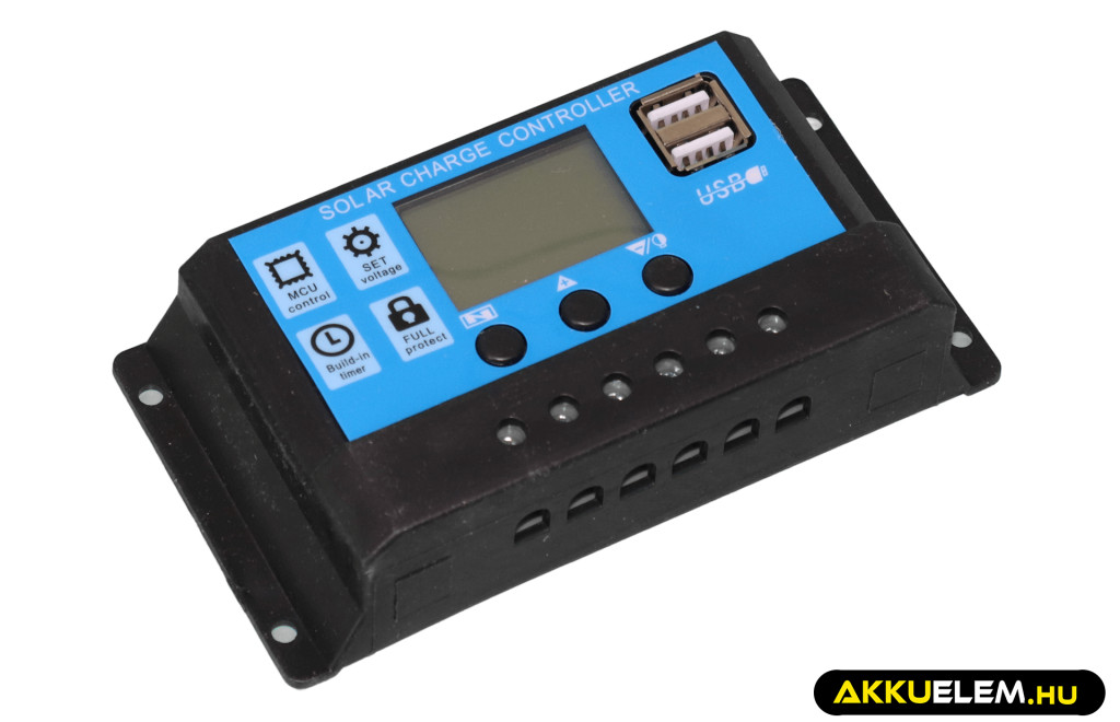 Napelem töltésvezérlő 12V/24V 10A PWM+USB
