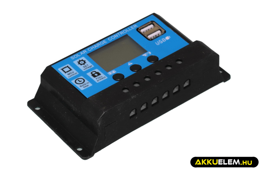 Napelem töltésvezérlő 12V/24V 10A PWM+USB