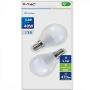   V-TAC E14  5,5W 470lm 2700K 180 ° LED-izzó opál gömb 2db-os csomagban