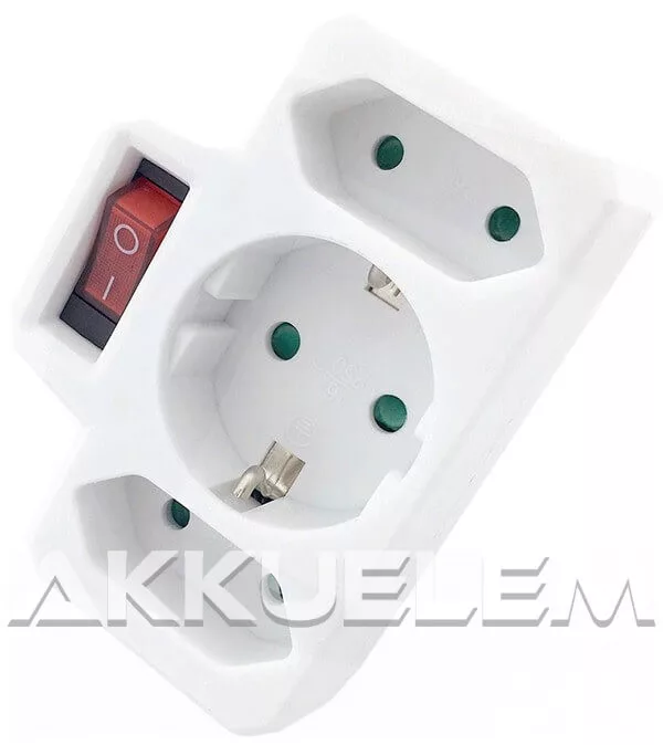 Hálózati elosztó adapter 3 aljzat: 1 földelt + 2 euro, kapcsolós