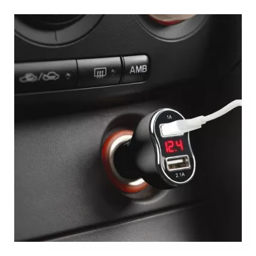 Kijelzős 2,1A USB autós adapter, V/A mérő 55054BK