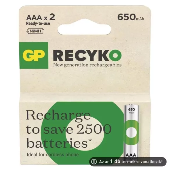 GP AAA Recyko 650mAh NiMH akkumulátor 2db/csomag (ár/csomag)