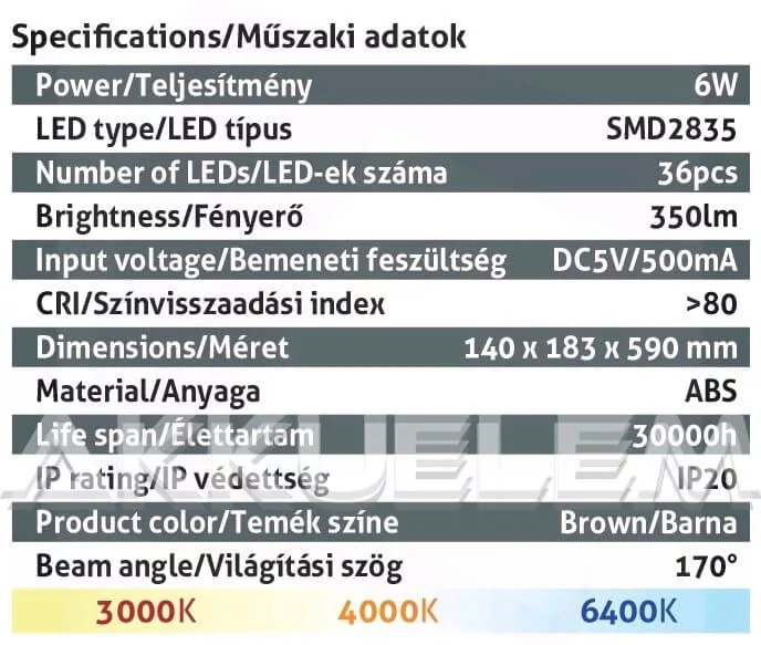 Avide 6W 350lm 5000K asztali lámpa barna színű, bőrhat., naptáras
