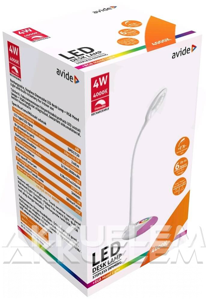 Avide RGB 4W 240lm 4000K asztali lámpa 1800mAh tölthető