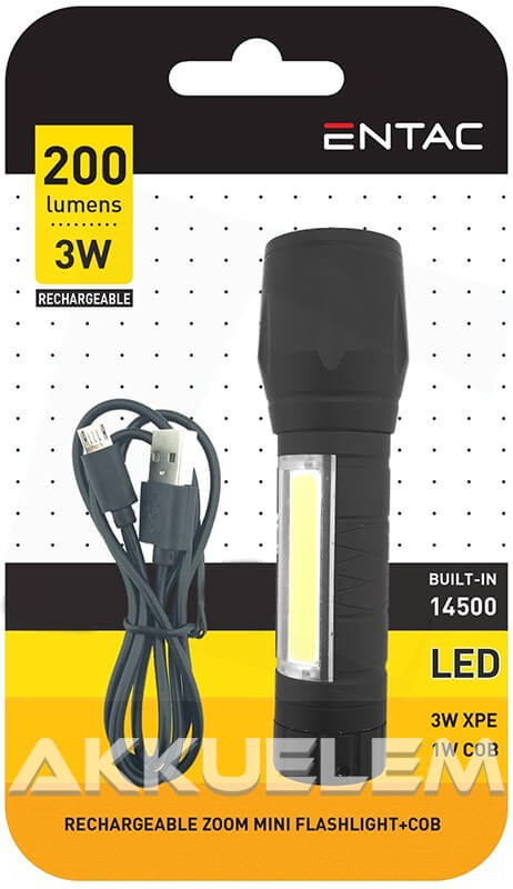 Entac 3W+1W COB 200lm elemlámpa USB-töltős, zoomolható