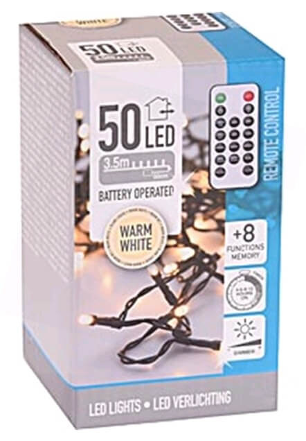 Karácsonyi fényfüzér 50LED 3,5m távirányítós kültéri 3xAA