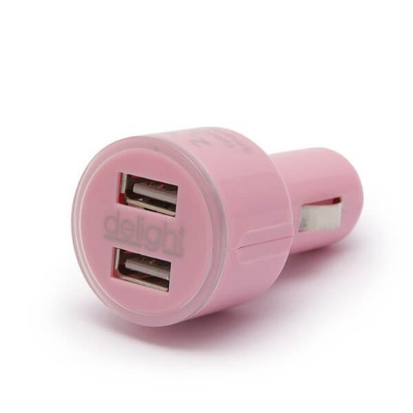 USB autós adapter 5V 2100mA 12-24V, rózsaszín, világítós