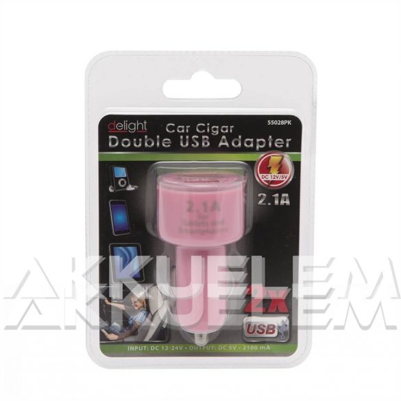 USB autós adapter 5V 2100mA 12-24V, rózsaszín, világítós