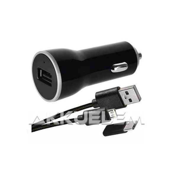 USB autós adapter 1m micro USB kábellel USB-C átalakítóval 2,1A