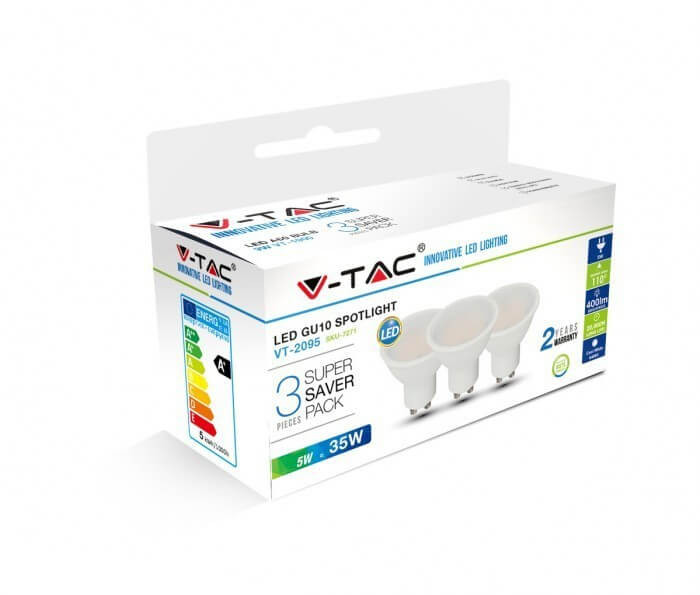   V-TAC GU10 5W 400lm 4000K 110 ° LED-izzó opál 3 db-os csomagban
