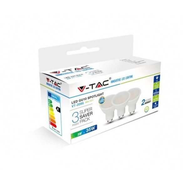 V-TAC GU10 5W 400lm 4000K 110 ° LED-izzó opál 3 db-os csomagban