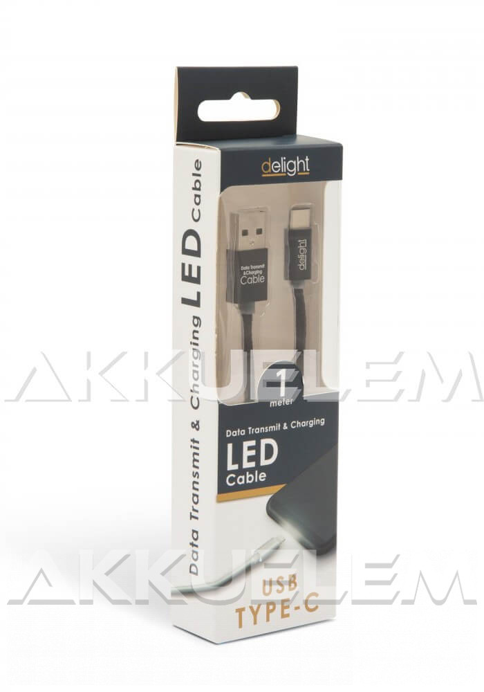 USB Adatkábel + töltő 1m USB-C LED fénnyel fekete