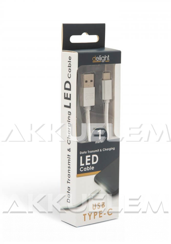 USB Adatkábel + töltő 1m USB-C LED fénnyel ezüst