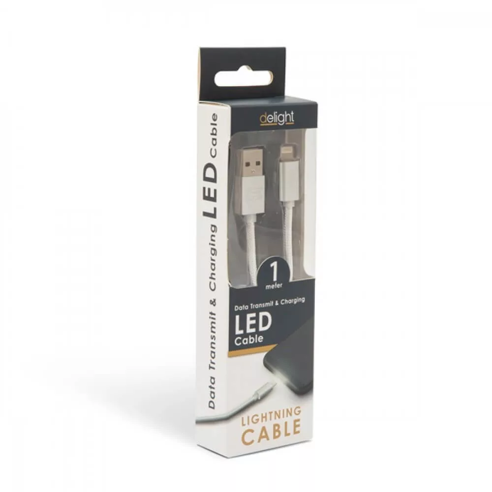 USB Adatkábel + tölto 1m iPhone LED fénnyel delight ezüst