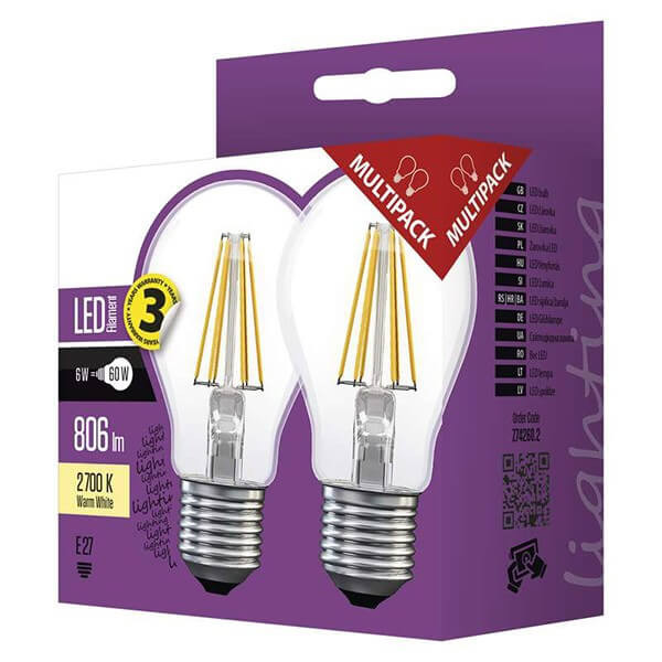   EMOS E27 6W 806lm 2700K Filament A60 LED-izzó 2db-os csomagban