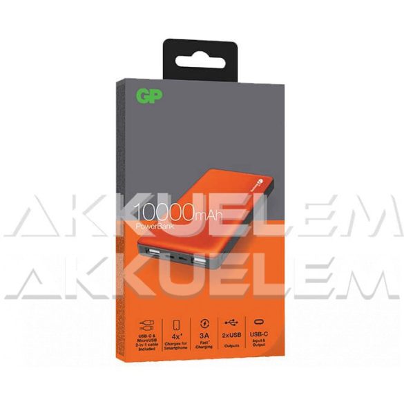 GP PowerBank Li-po 10000mAh külső akkumulátor 3A, narancs színű, USB, USB-C