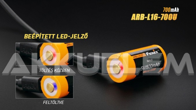 FENIX 16340 700mAh 3,6V Li-ion akkumulátor + beépített töltő, microUSB csatlakozó