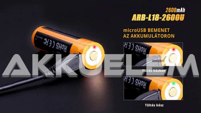 FENIX 18650 2600mAh 3,6V Li-ion akkumulátor + beépített töltő, microUSB csatlakozó