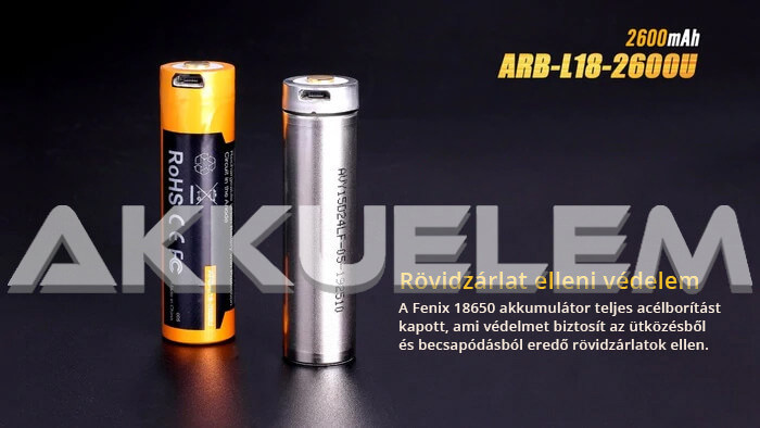FENIX 18650 2600mAh 3,6V Li-ion akkumulátor + beépített töltő, microUSB csatlakozó