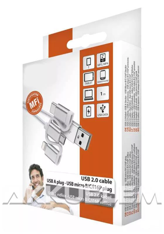 USB 2.0 kábel + átalakító USB micro B C i16P csatlakozókkal, 1m