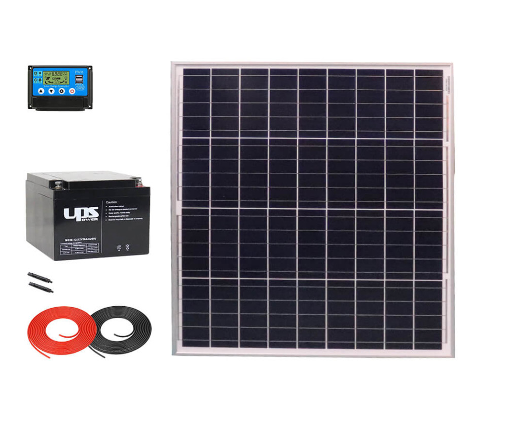   Napelem csomag 12V 60W + 10A PWM töltésv. + 28Ah UPS akku + kábelek