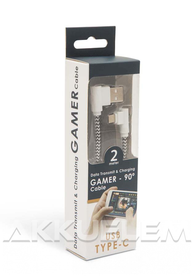 USB Adatkábel + töltő 2m USB TYPE-C Gamer 90° fehér-fekete