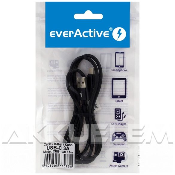 everActive USB-C kábel 3A 1 m FEKETE vászon borít.