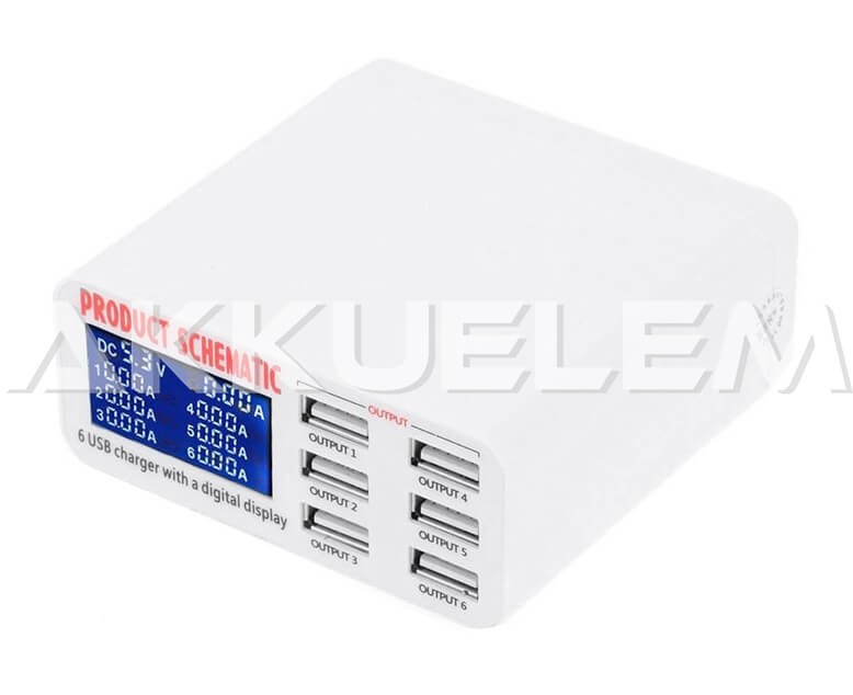 USB adapter 6 csatornás LCD kijelzővel 30W modell 899 5V 2,4A Charging Experts