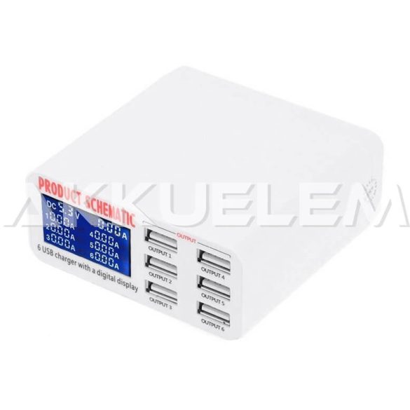 USB adapter 6 csatornás LCD kijelzővel 30W modell 899 5V 2,4A Charging Experts