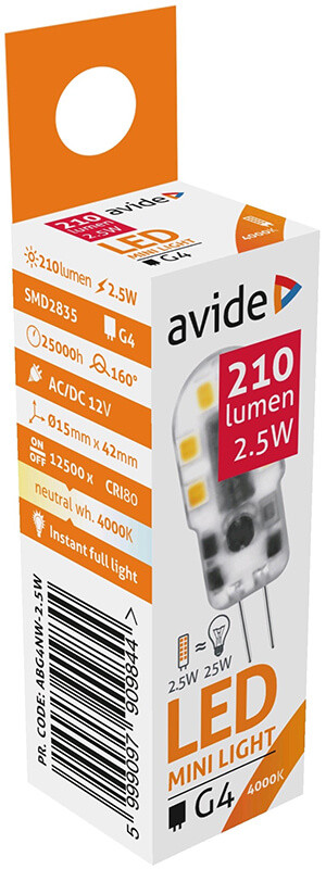 Avide G4 2,5W 12V 210lm 4000K LED-izzó 3év gar. A+
