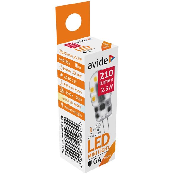 Avide G4 2,5W 12V 210lm 4000K LED-izzó 3év gar. A+