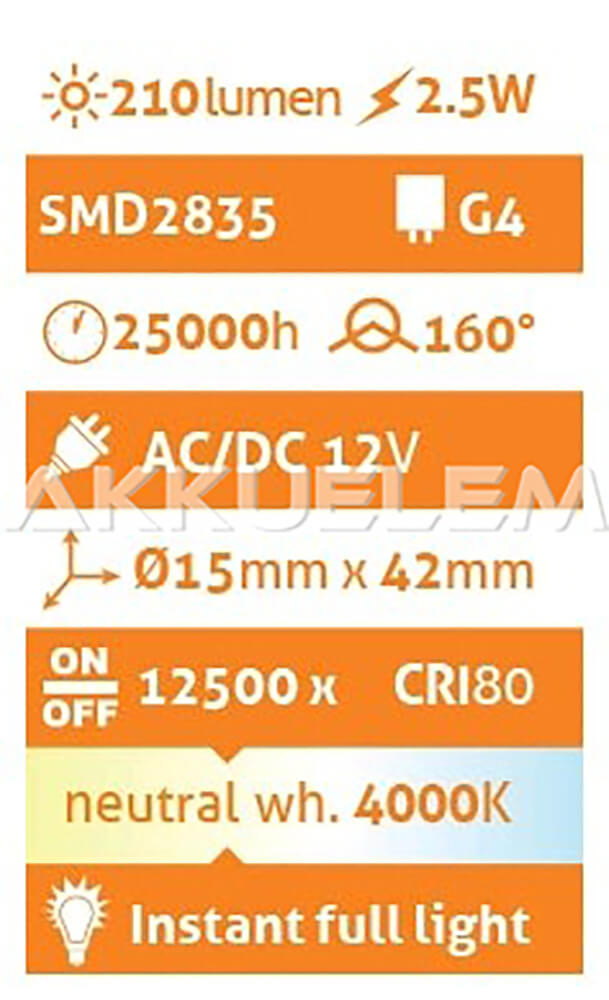 Avide G4 2,5W 12V 210lm 4000K LED-izzó 3év gar. A+