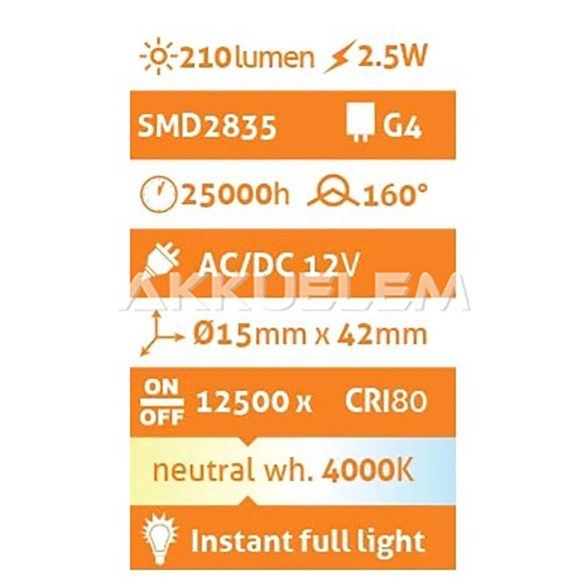 Avide G4 2,5W 12V 210lm 4000K LED-izzó 3év gar. A+