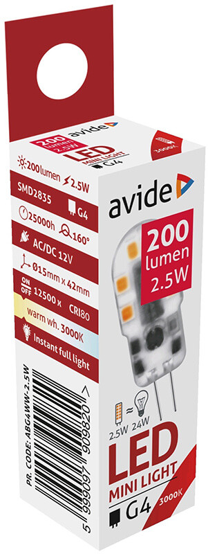 Avide G4 2,5W 12V 210lm 3000K LED-izzó 3év gar. A+