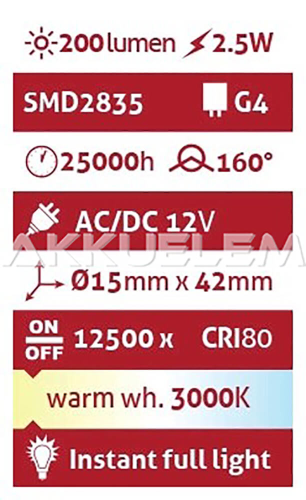 Avide G4 2,5W 12V 210lm 3000K LED-izzó 3év gar. A+