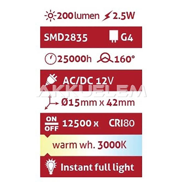 Avide G4 2,5W 12V 210lm 3000K LED-izzó 3év gar. A+