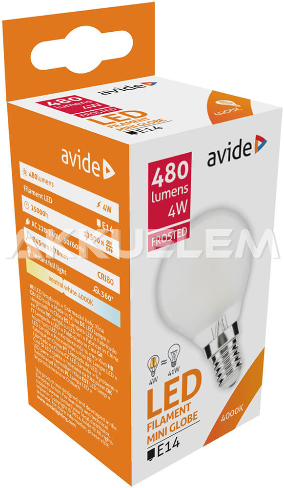 Avide Frosted Filament Mini Globe E14 4W 480lm 4000K LED-izzó 3év gar.