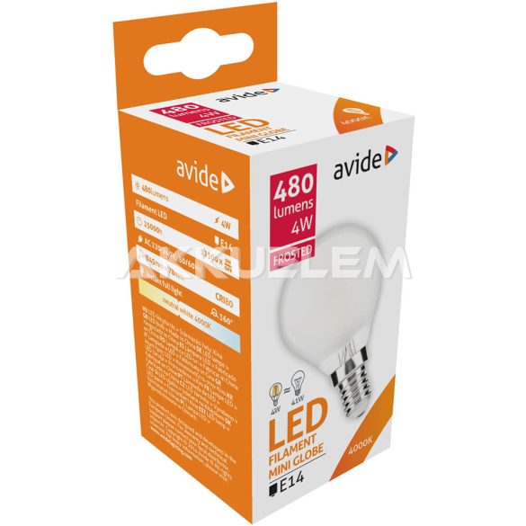 Avide Frosted Filament Mini Globe E14 4W 480lm 4000K LED-izzó 3év gar.