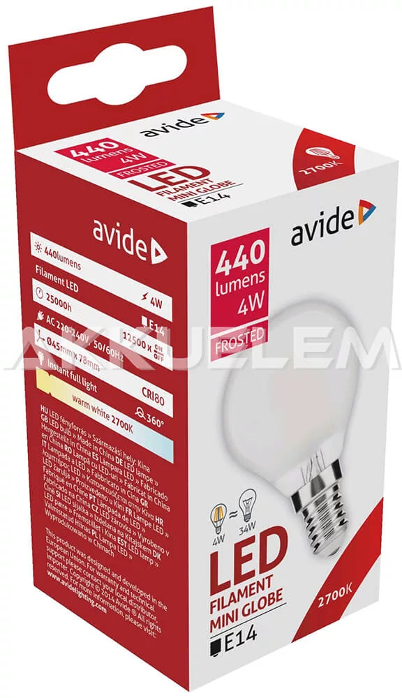 Avide LED Frosted Filament Mini Globe 4W E14 360° WW 2700K 3év gar