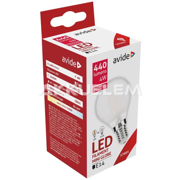 Avide LED Frosted Filament Mini Globe 4W E14 360° WW 2700K 3év gar