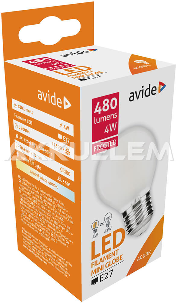 Avide Frosted Filament Mini Globe E27 4W 480lm 4000K LED-izzó 3év gar.