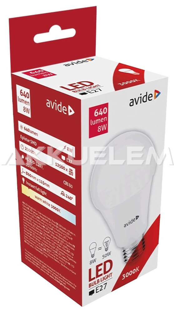 Avide Globe E27 A60 8W 640lm 3000K LED-izzó 3év gar.