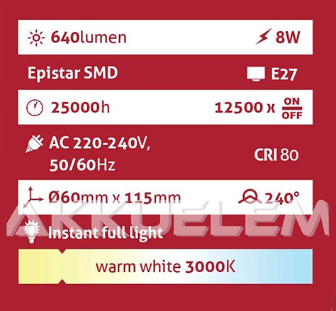 Avide Globe E27 A60 8W 640lm 3000K LED-izzó 3év gar.