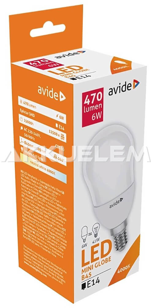 Avide Globe Mini B45 E14 6W 470lm 4000K LED-izzó 3év gar.