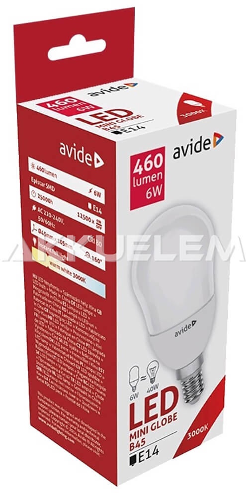 Avide Globe Mini B45 E14 6W 460lm 3000K LED-izzó 3év gar.