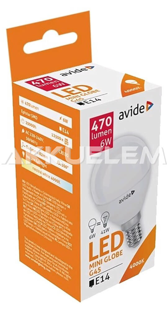 Avide Globe Mini G45 E14 6W 470lm 4000K LED-izzó 3év gar.